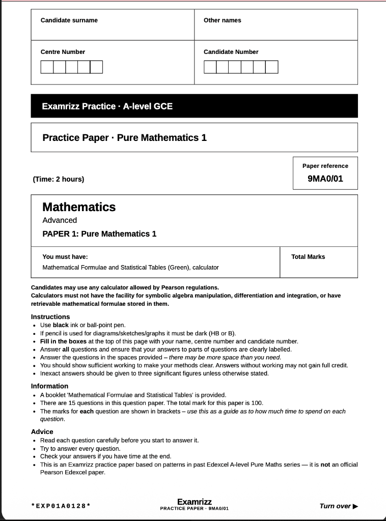 Practice Paper - Pure Mathematics 1 Cover